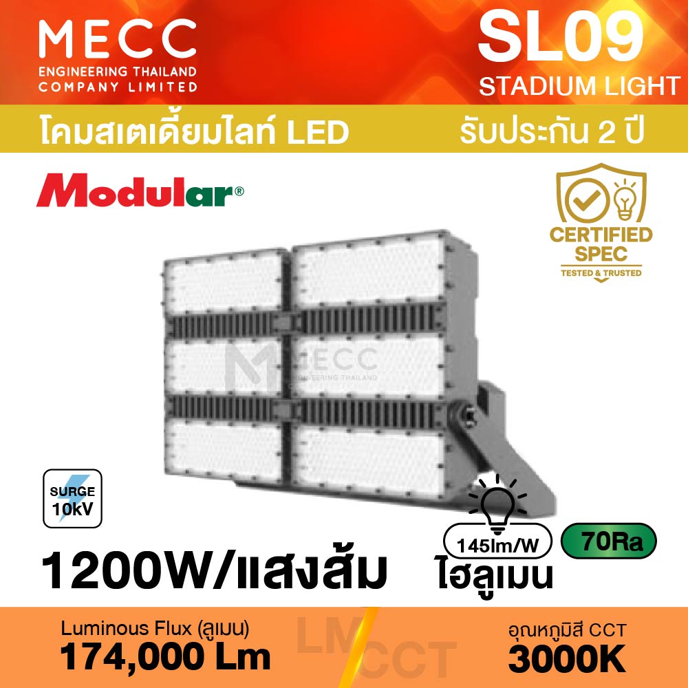 โคมสเตเดี้ยมไลท์ Stadiumlight LED 1200W 3000K 174,000lm รุ่น SL09 แสงส้ม